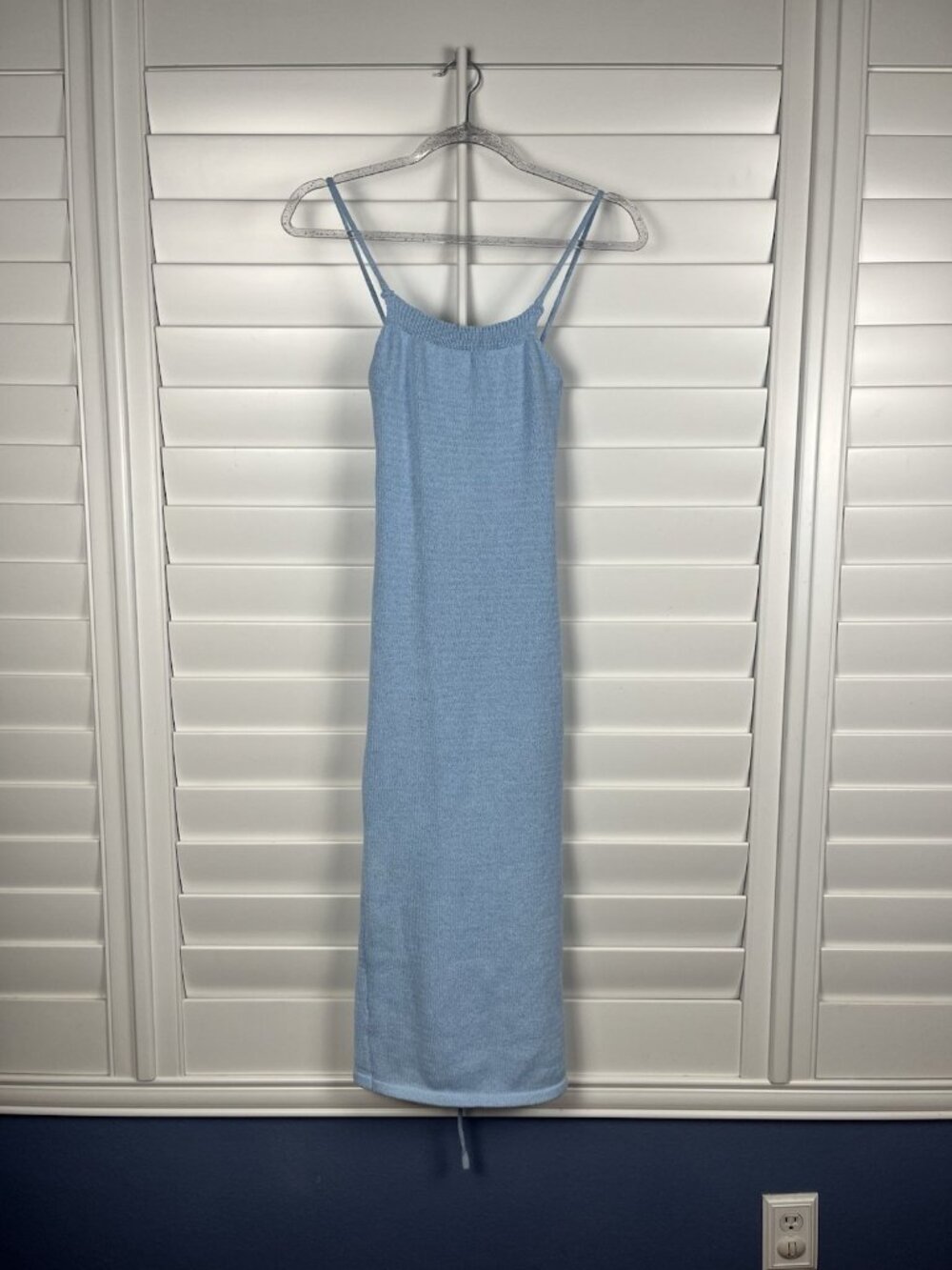 Women’s Small Blue Knit Maxi Dress Lace Up Open Back Stretch